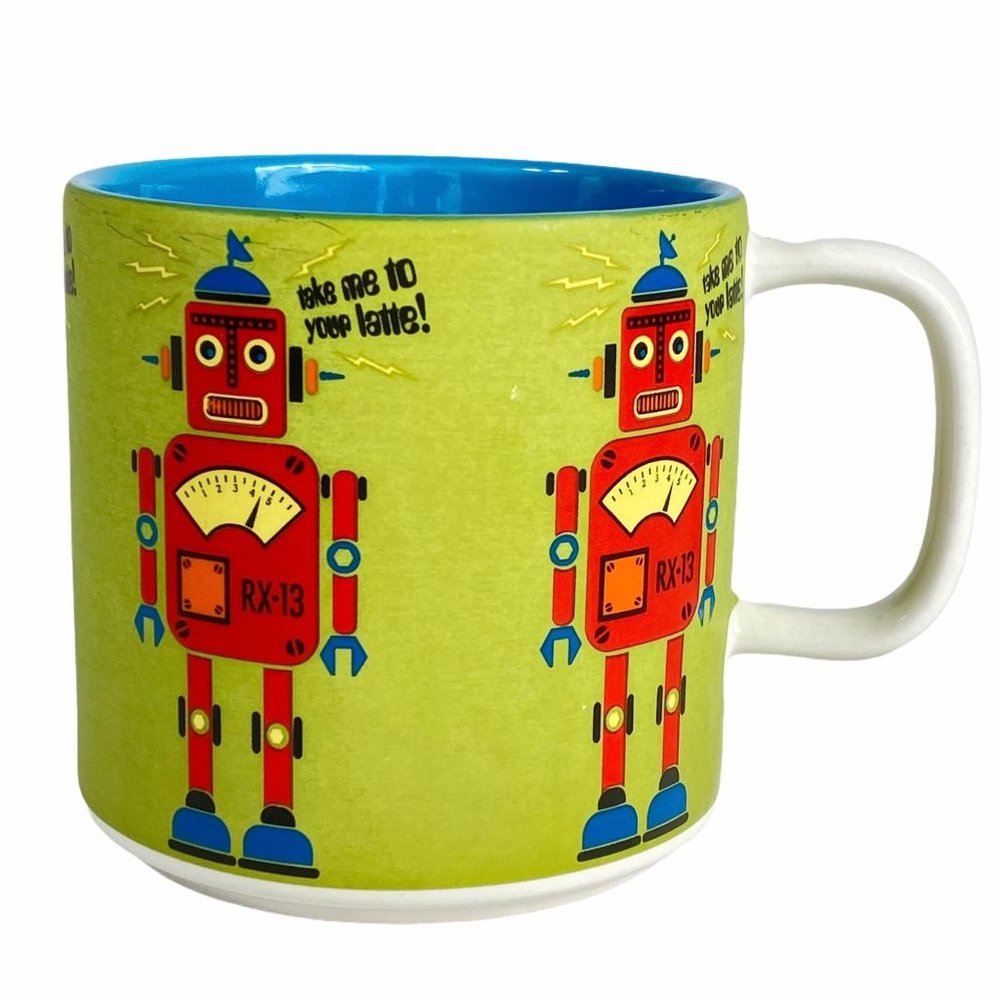 Room Creative Signature Mug Take Me to Your Latte Cup Green & Blue Robot Print